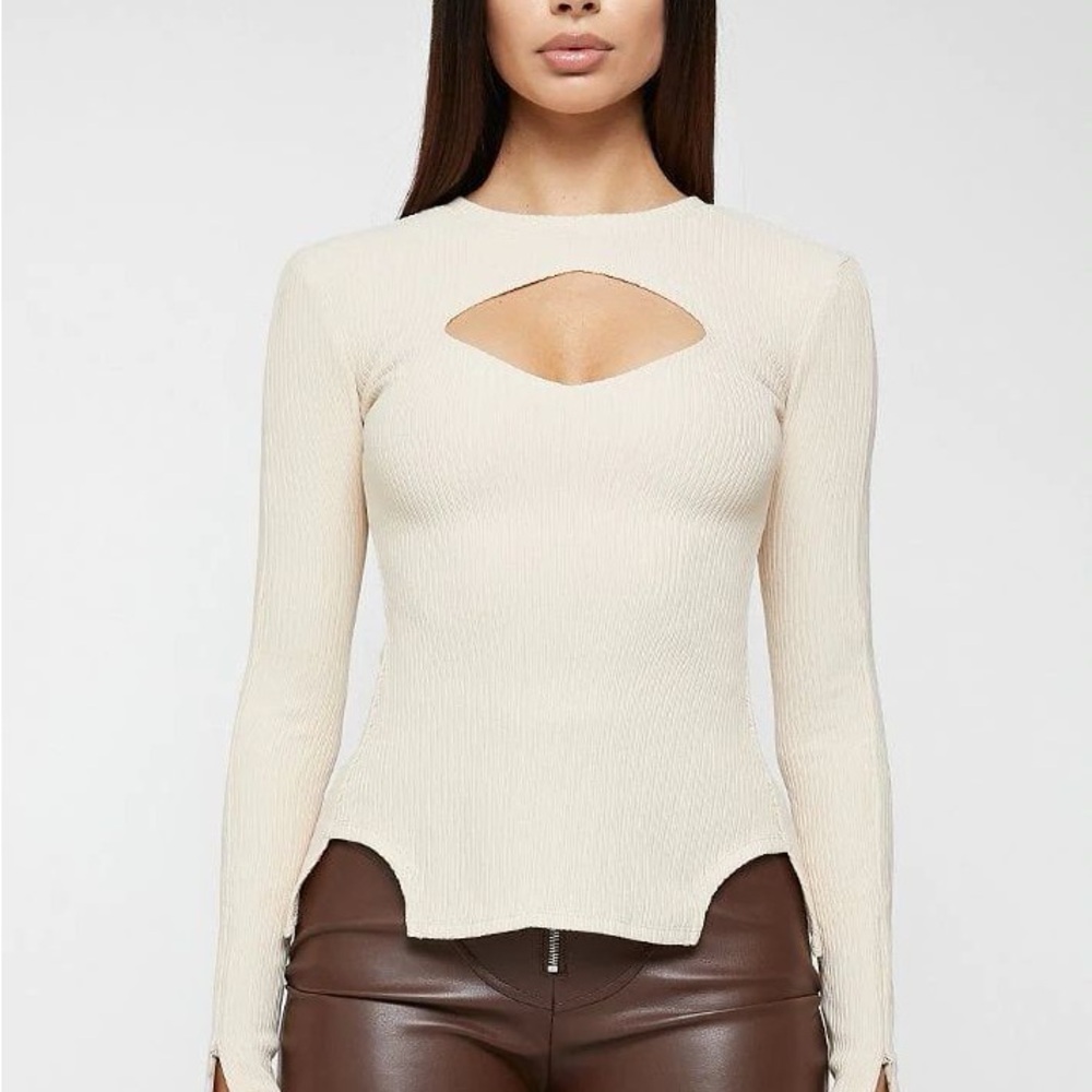 Manière De Voir | Ribbed Cut Out Lace Up Top - Beige